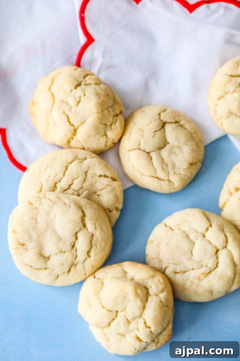 Seriously The Best Easy Chewy Sugar Cookies 6 A charming group of soft sugar cookies arranged on a vibrant blue background, showcasing their perfect texture and golden hue.