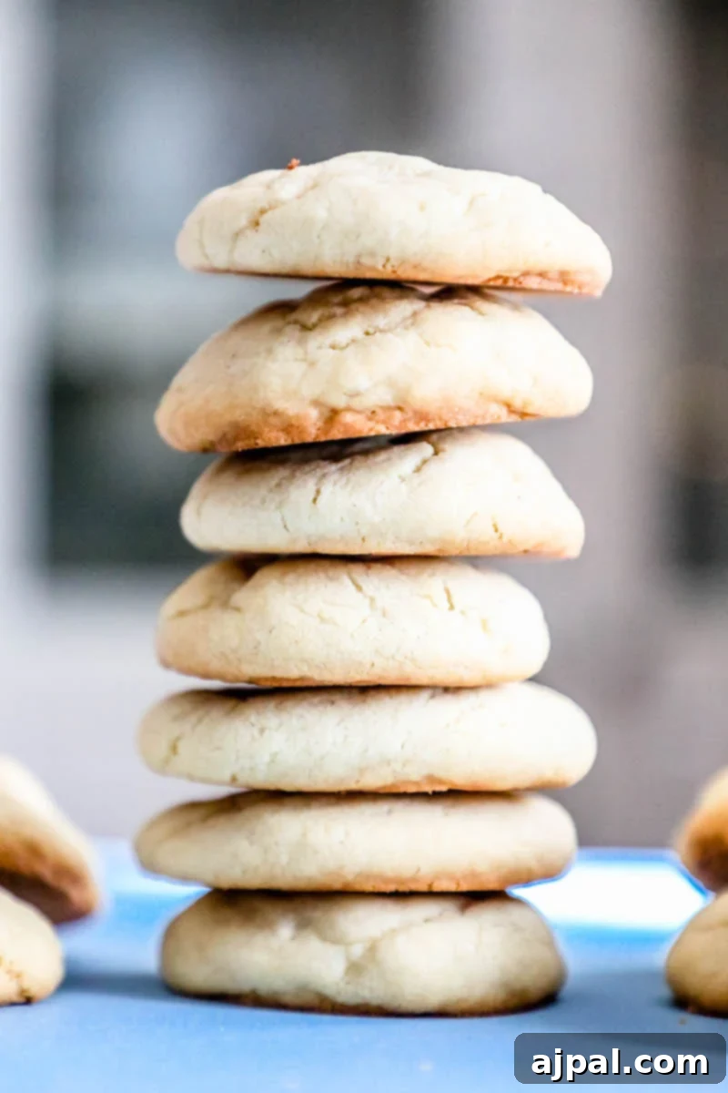 Unforgettable Chewy Sugar Cookies Easy Recipe 7 A stack of soft sugar cookies presented on a delicate blue plate.