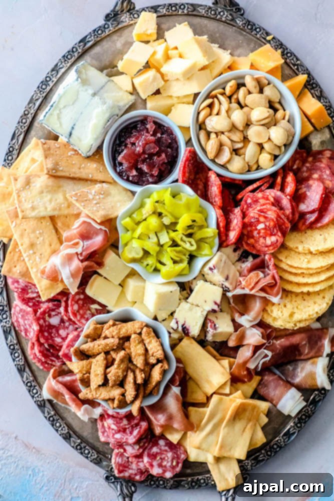 Crafting the Perfect Cheese Board 2 A vibrant cheese plate with a variety of cheeses, cured meats, fresh and dried fruits, nuts, and crackers, beautifully arranged on a wooden board against a blue background.