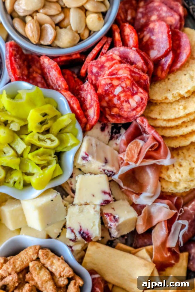 Crafting the Perfect Cheese Board 3 An inviting cheese plate showcasing various cheeses, thinly sliced meats, an assortment of crackers, and colorful garnishes.