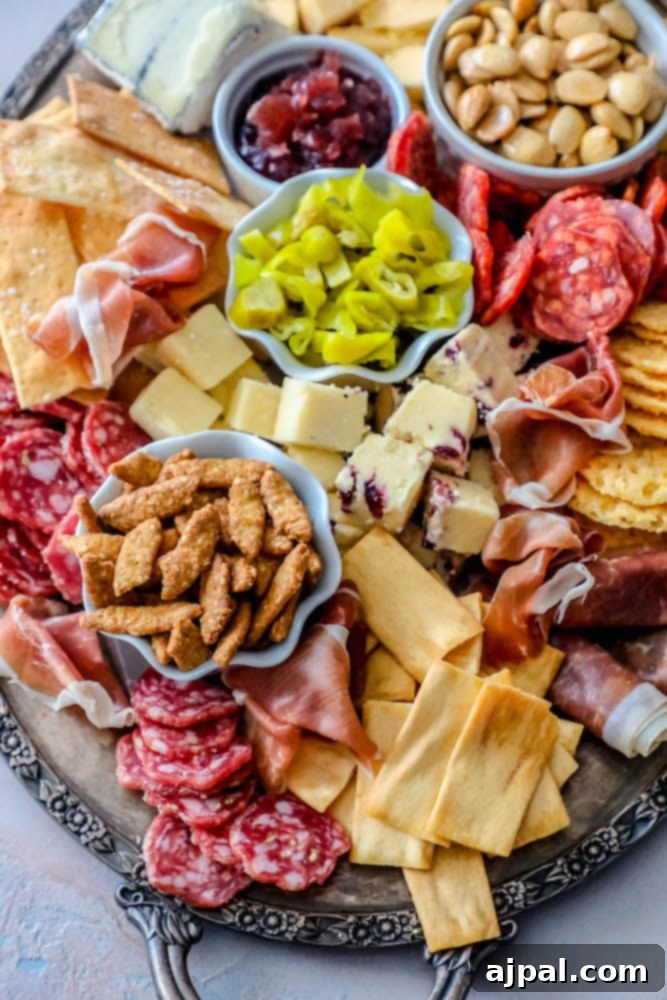 Crafting the Perfect Cheese Board 7 A generous cheese plate featuring an array of artisan cheeses, various cured meats, crunchy crackers, and a selection of olives and pickled peppers.