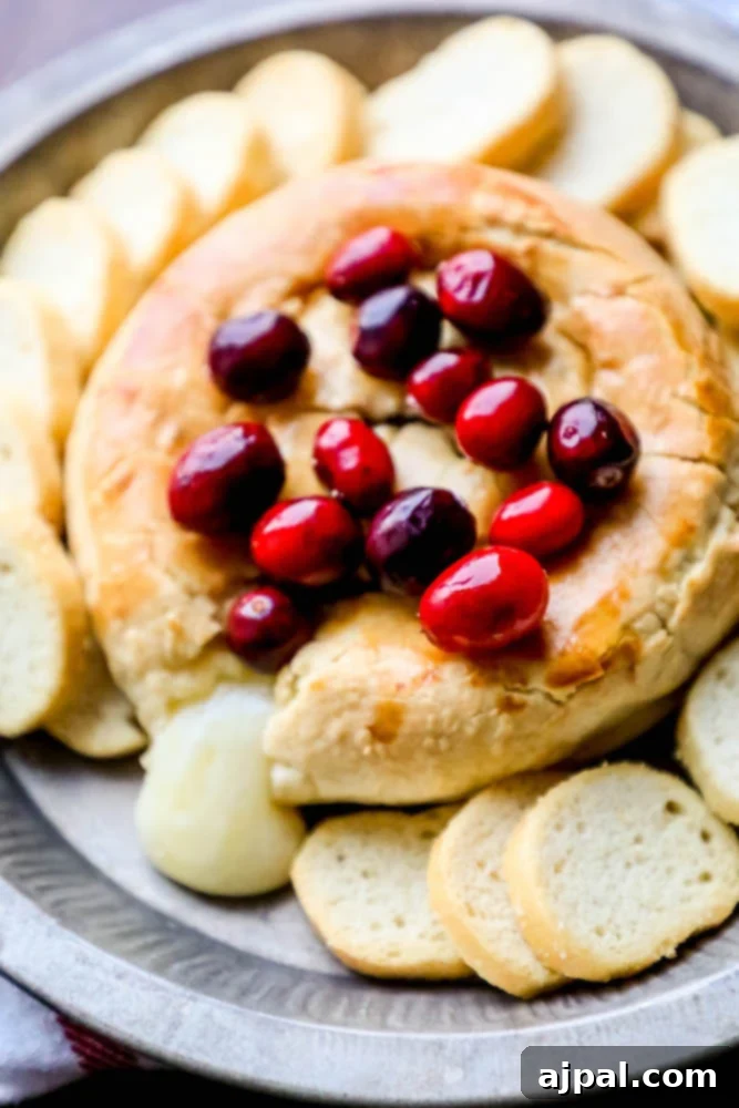 Gooey Cranberry Apricot Brie 6 A glorious baked brie, crowned with cranberries, sits gracefully on a serving plate, its creamy interior just waiting to be savored.