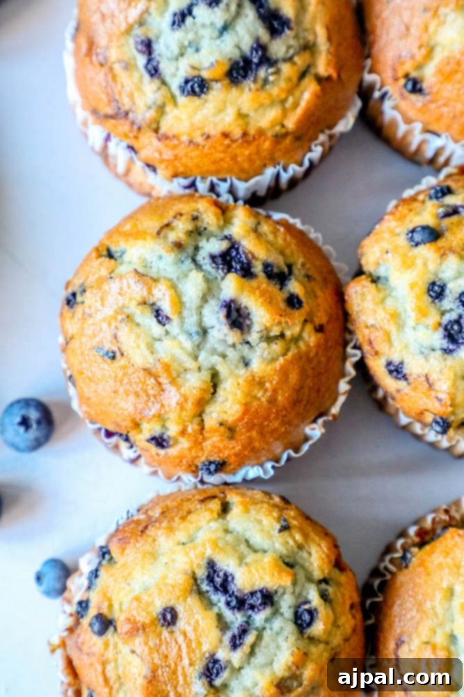 Blueberry muffins on a white plate with jumbo blueberries.