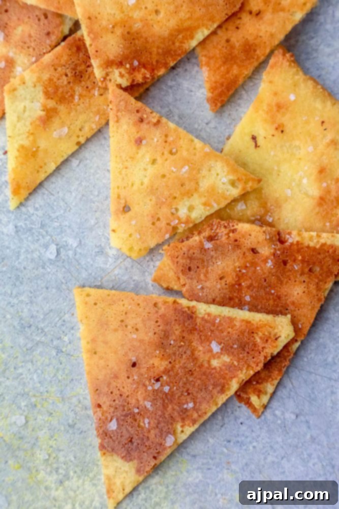 Quick Keto Tortilla Crisps 4 Picture of keto tortilla chips on a plate with dip, showcasing their crispy texture.