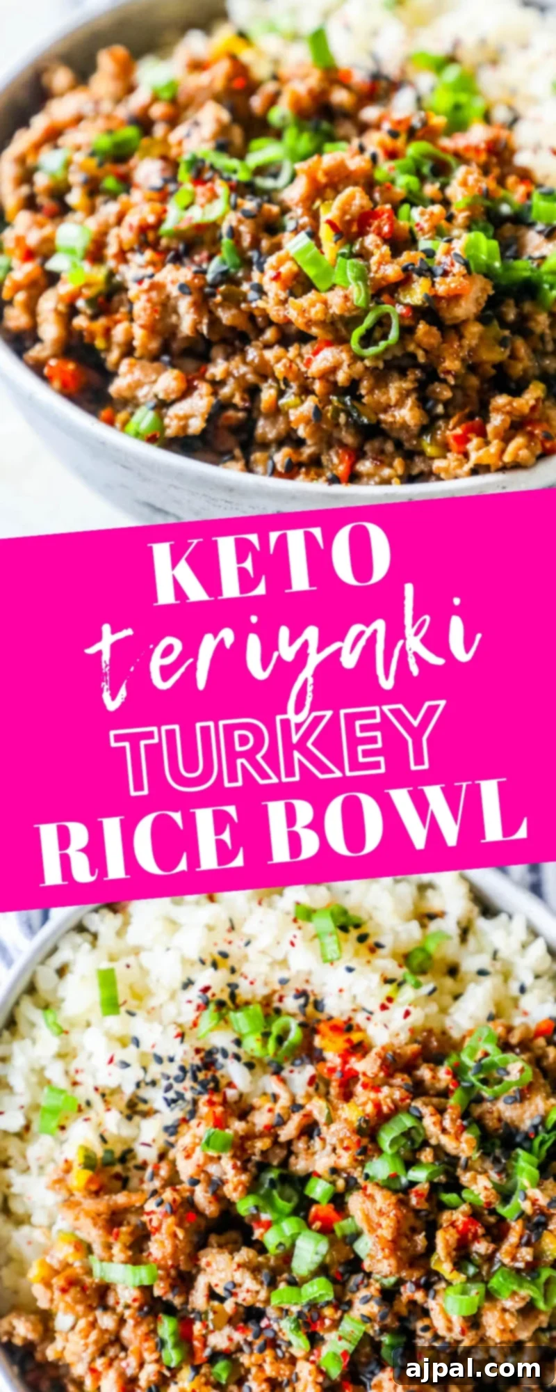 A tantalizing Keto Teriyaki Turkey Rice Bowl recipe, perfectly portioned and garnished, showcasing the health-conscious and flavorful aspects of the dish.