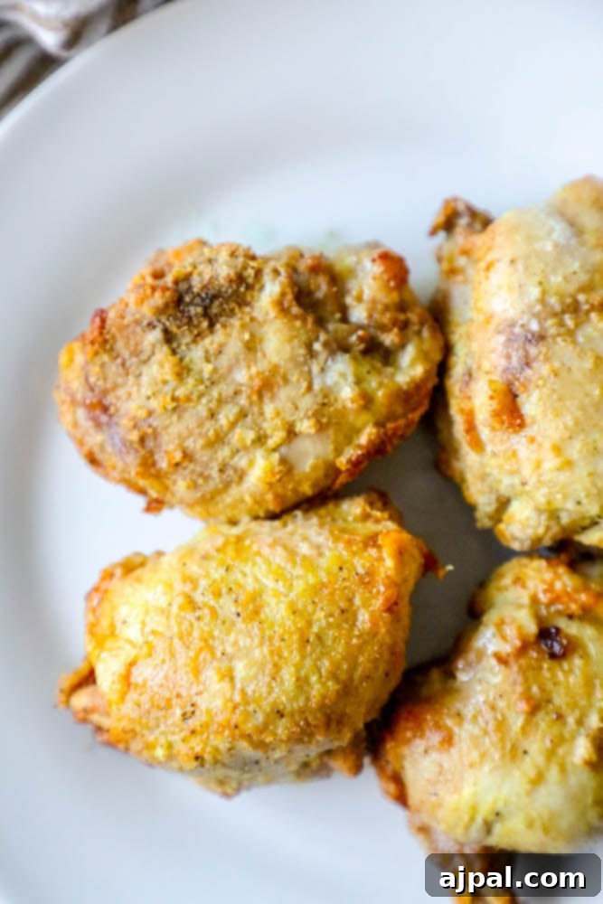 Crispy Adobo Air Fried Chicken Thighs 4 four air fried chicken thighs on a white plate picture