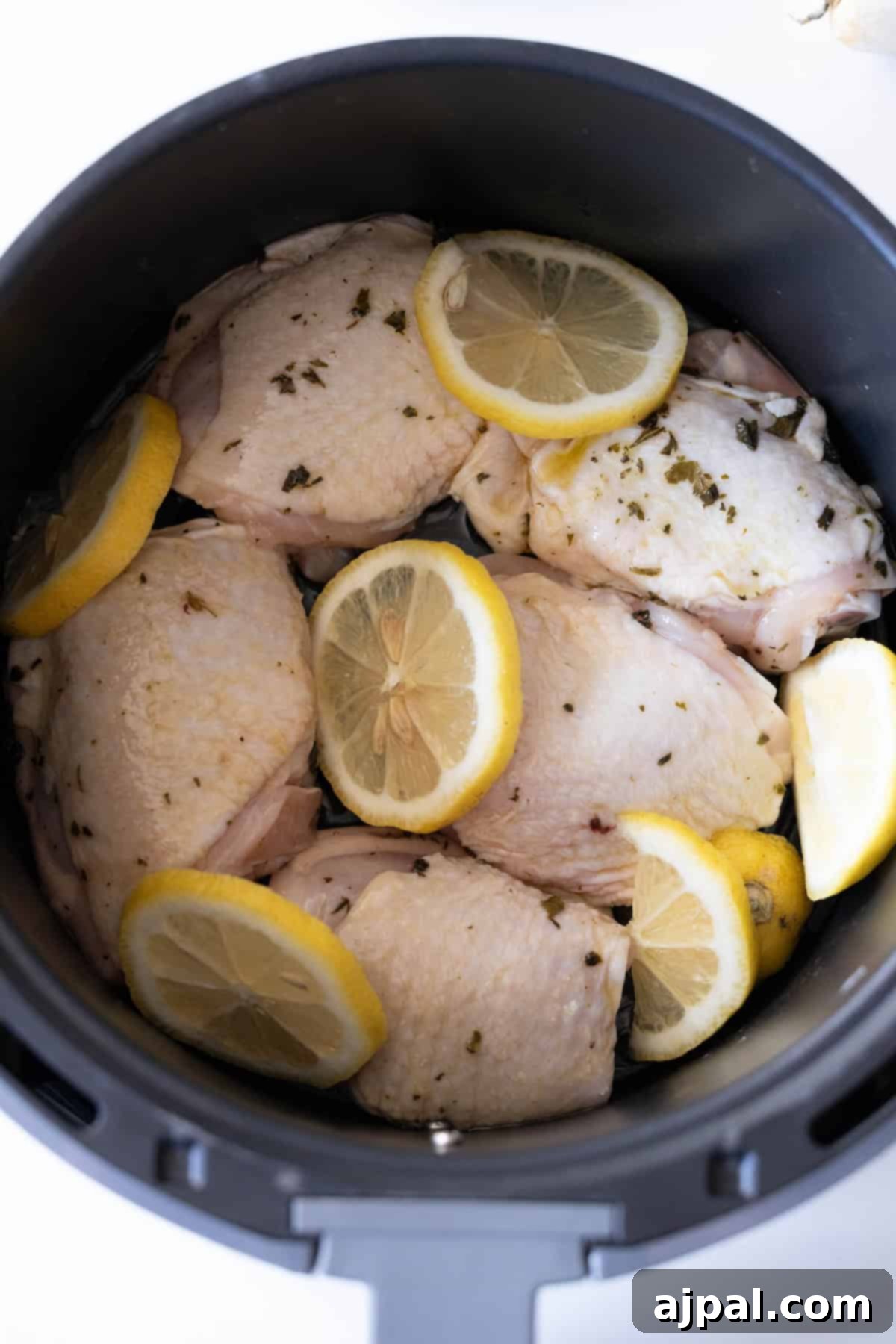 Raw chicken pieces with lemon slices in a pot, sprinkled with herbs, showcasing the beginnings of an easy air fryer lemon chicken recipe.