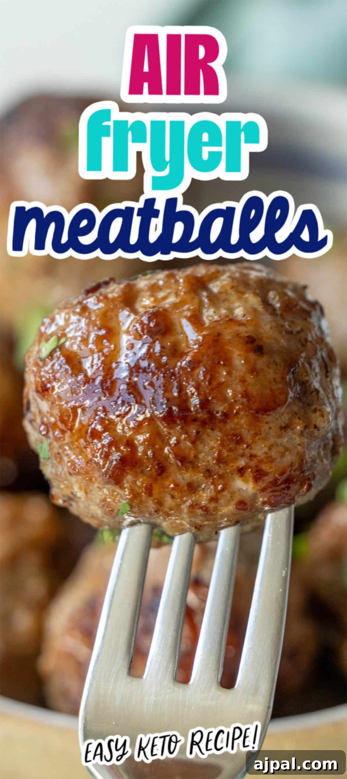 Close-up of a meatball on a fork with the text "AIR fryer meatballs" and "EASY KETO MEATBALLS RECIPE!" displayed above and below the meatball.
