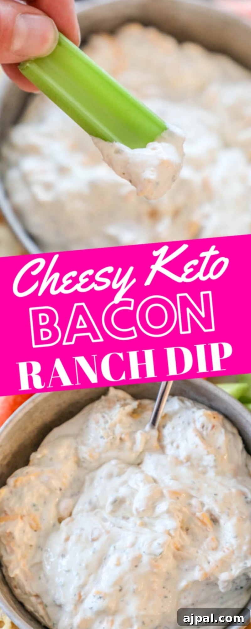 Quick Keto Bacon Cheddar Ranch Dip 6 A piece of celery dipped into cheesy keto bacon ranch dip, showcasing its texture