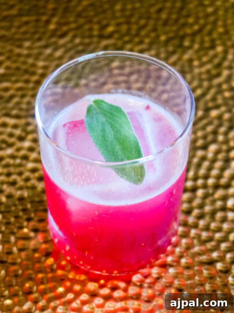 A beautifully crafted pink cocktail garnished with a fresh sprig of sage, an exquisite drink to savor at CalWise Spirits in Paso Robles.
