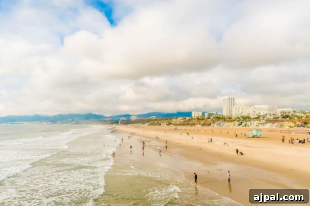 A view of Santa Monica beach with people walking on the sand.