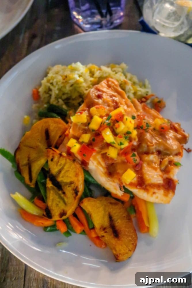 A plate of fish and vegetables at a Santa Monica restaurant.