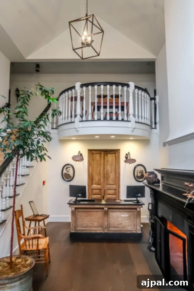The lobby of a hotel in the Santa Ynez Valley with stairs and a fireplace, perfect for those looking for accommodations or dining options in Los Alamos.