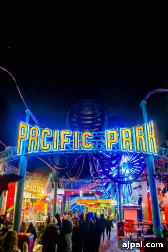 A neon sign showcasing “Pacific Park” in Santa Monica for visitors during Santa Monica Restaurant Week.