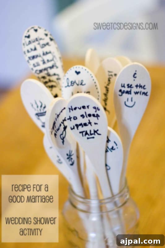 A charming wedding shower activity: guests write heartfelt advice on wooden spoons for the happy couple. Rustic bridal shower decor with a collection of wooden spoons for guest advice, symbolizing a recipe for a happy marriage.