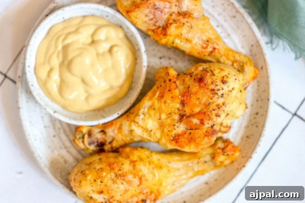 picture of 3 chicken drumsticks on a plate with a small bowl of mustard sauce next to them