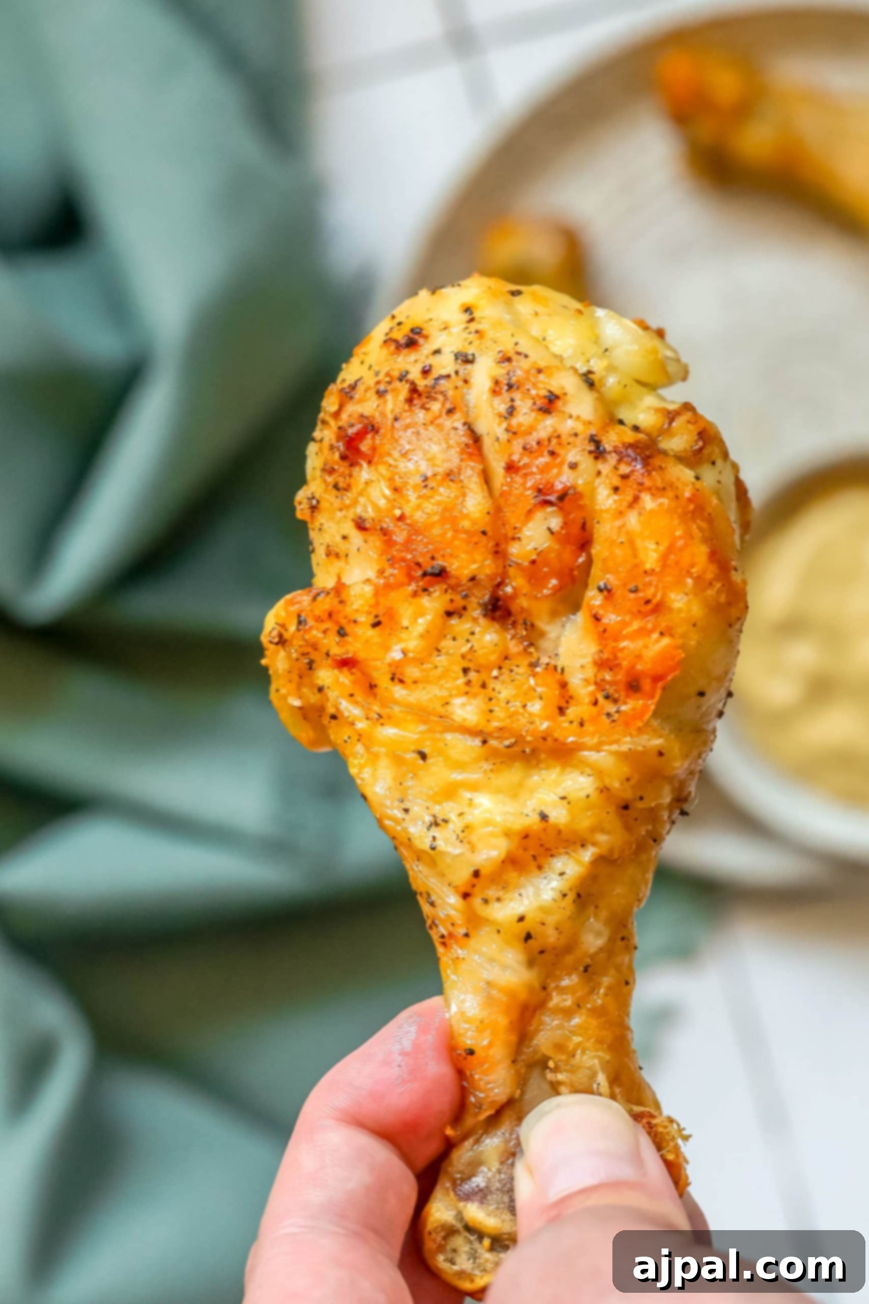 A person preparing the best air fryer chicken drumsticks with a sauce.