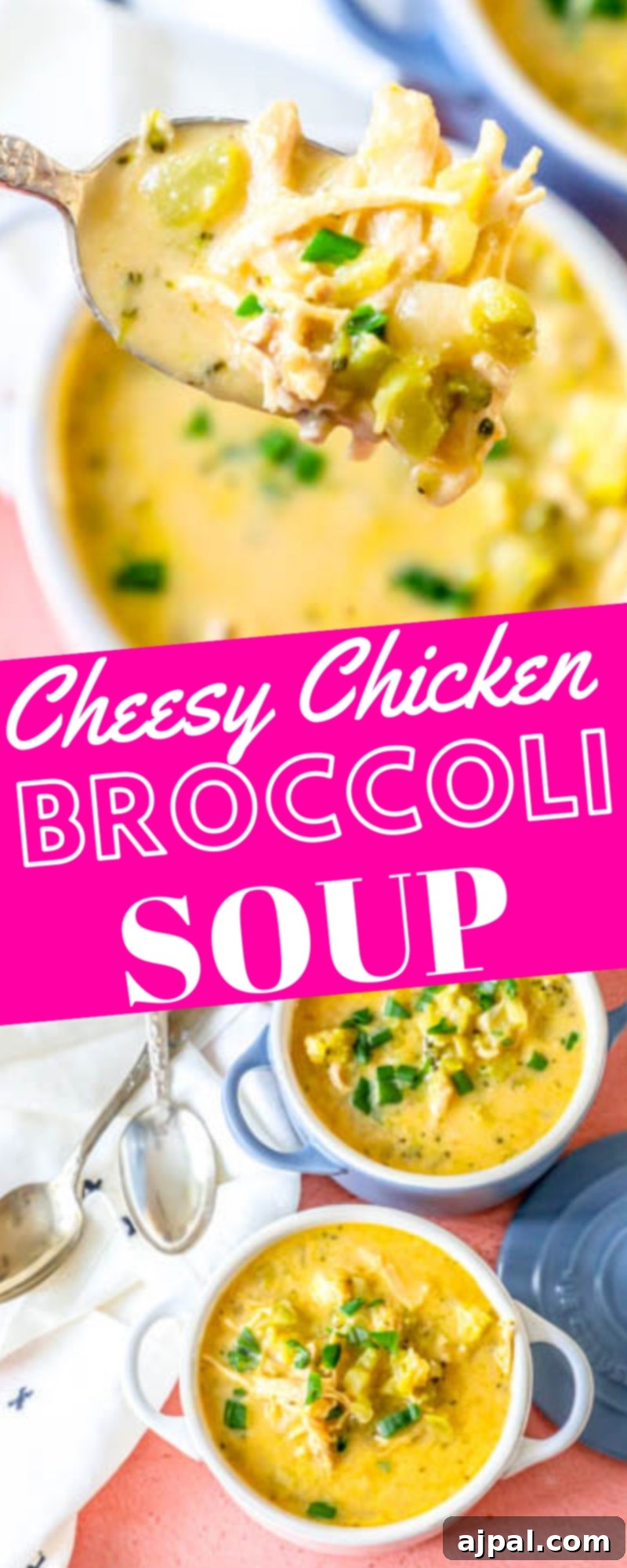 Creamy Chicken Broccoli Cheese Soup 7 Tall picture of Cheesy Chicken Broccoli Soup in a bowl, showing its creamy texture and ingredients.