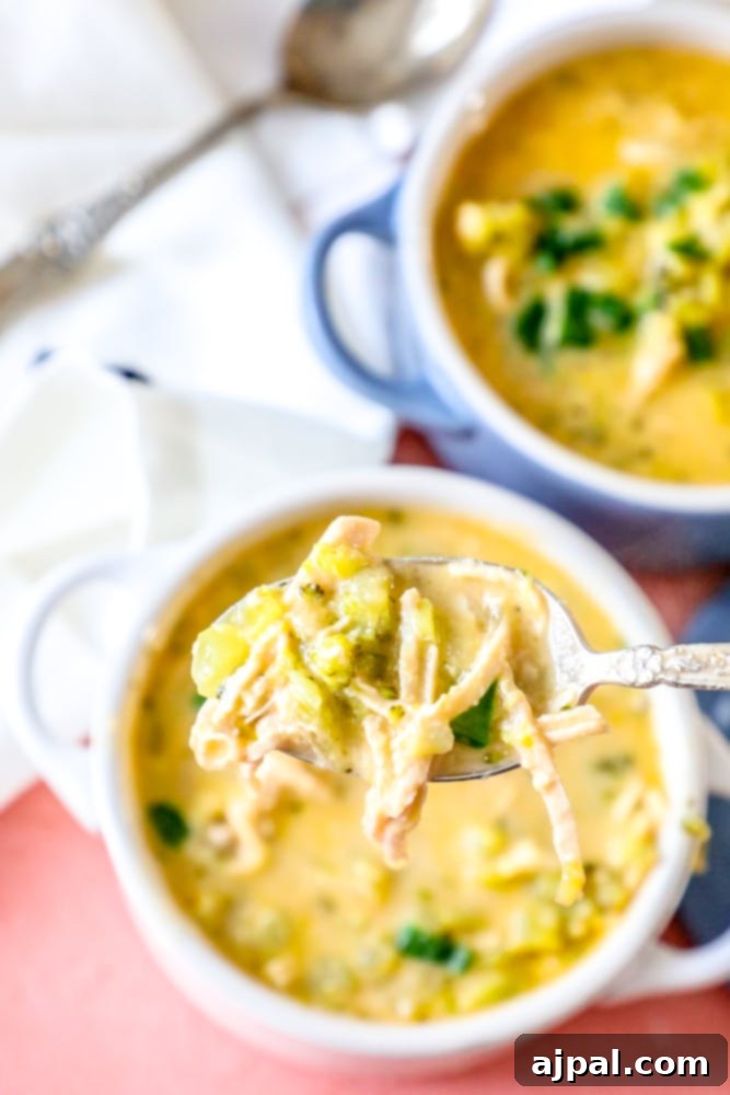 Creamy Chicken Broccoli Cheese Soup 3 A spoon lifting a delicious spoonful of cheesy chicken broccoli soup from a white bowl.