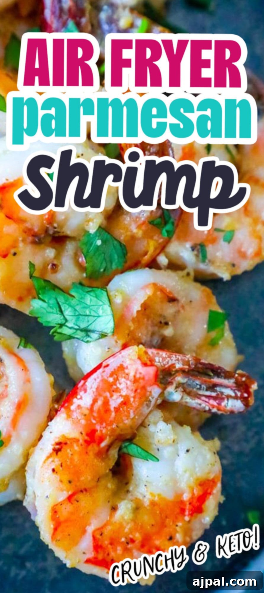 air fried shrimp on a plate covered in parmesan and garlic with chopped parsley
