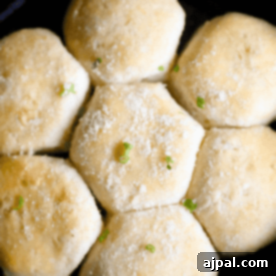 Top view of garlic butter knots sprinkled with parmesan cheese and herbs in a black pan.