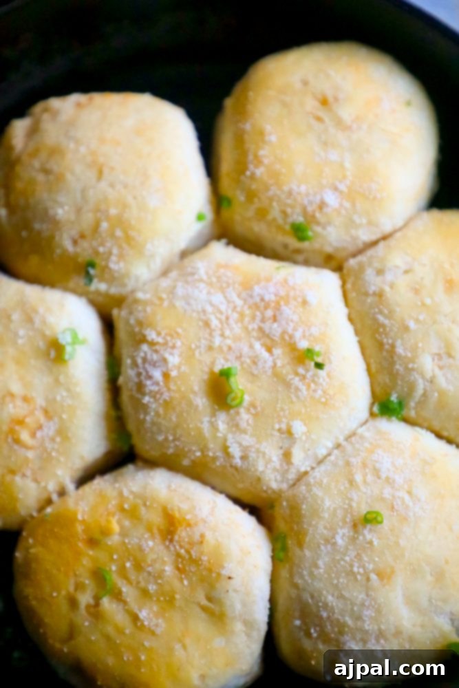 Close-up of golden, fried garlic butter parmesan dinner rolls in a cast iron skillet, showing the cheesy topping and herbs.