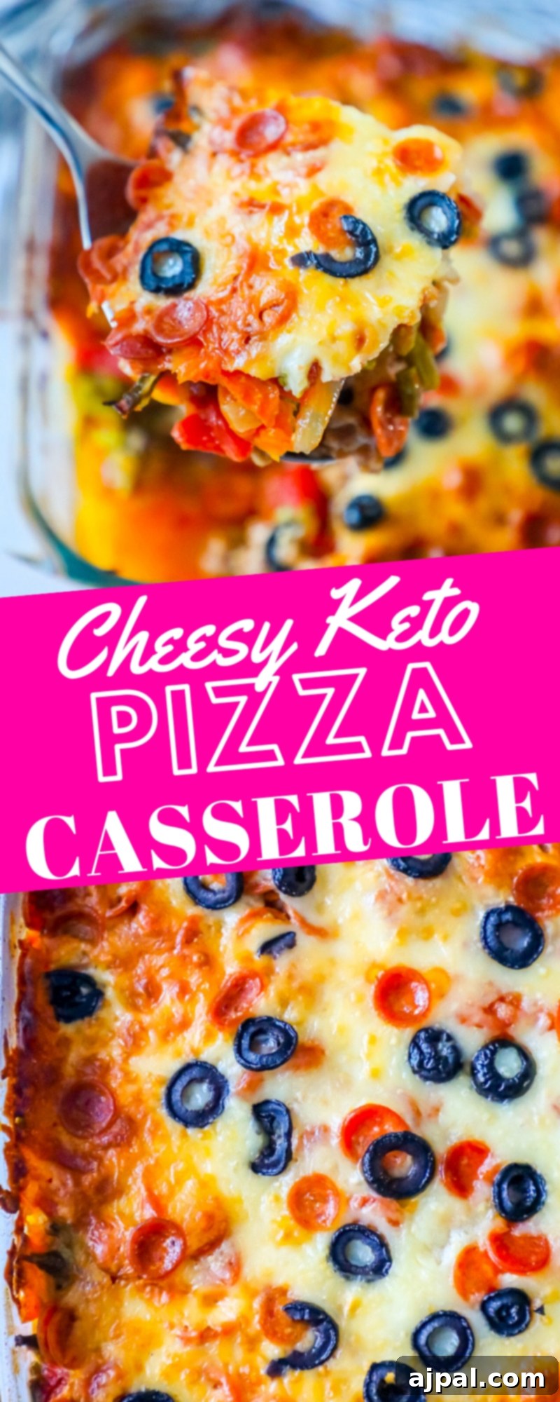 Ultimate Cheesy Pizza Bake 6 A top-down view of a rectangular glass dish filled with Cheesy Low Carb Keto Pizza Casserole, showcasing the generous layers of melted cheese, pepperoni, and olives.