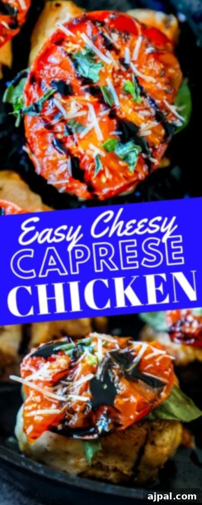 Two views of Caprese chicken thighs in a pan, showcasing the melted cheese and fresh ingredients.