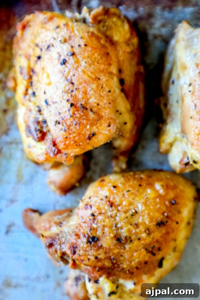 Closeup picture of crispy chicken thigh skin with cracked pepper, highlighting its golden-brown texture