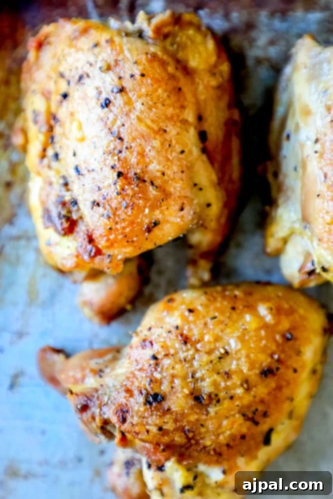 Closeup picture of crispy chicken thigh skin with cracked pepper, indicating perfect crunch and seasoning
