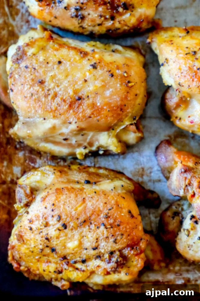 Picture of 5 beautifully baked chicken thighs on a baking sheet, showcasing their golden-brown and crispy skin