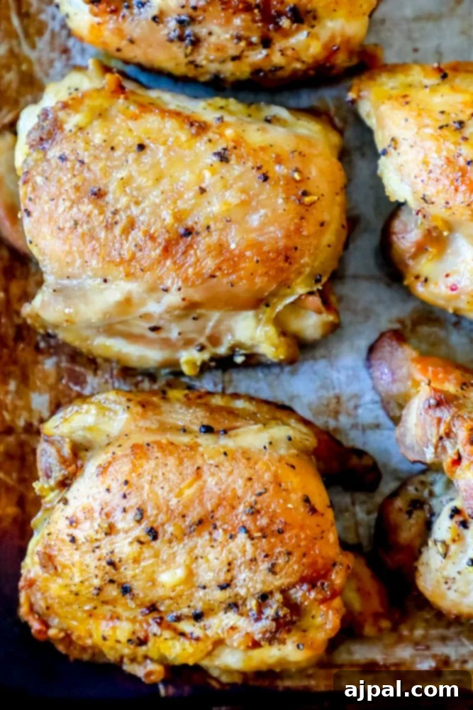 Picture of 5 golden-brown baked chicken thighs on a baking sheet, glistening with seasoning.
