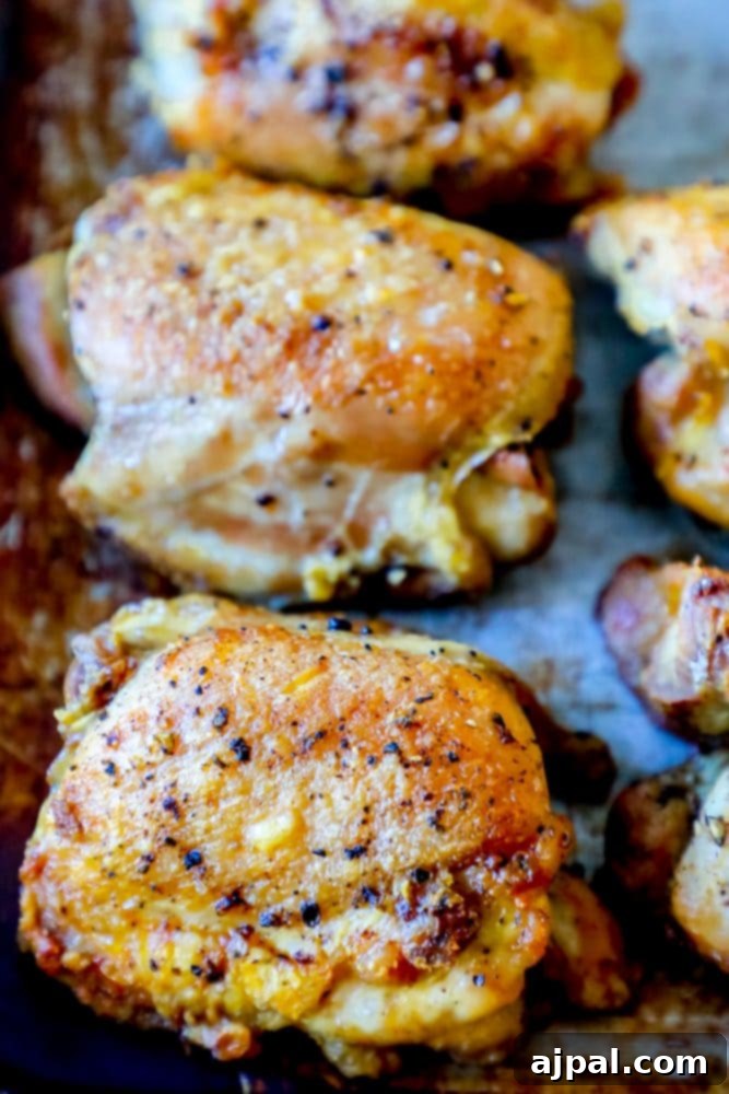 A closer view of perfectly baked boneless skinless chicken thighs on a baking sheet, showing off their tender texture