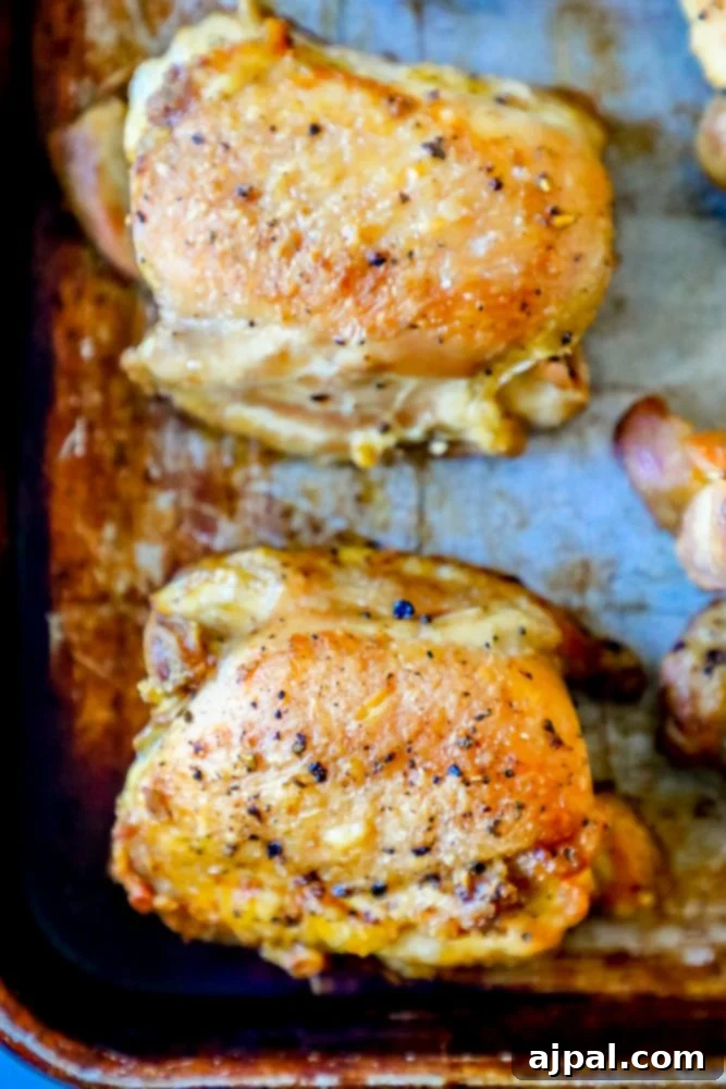 Closeup picture of two perfectly crunchy oven-baked chicken thighs on a baking sheet, ready to be served.