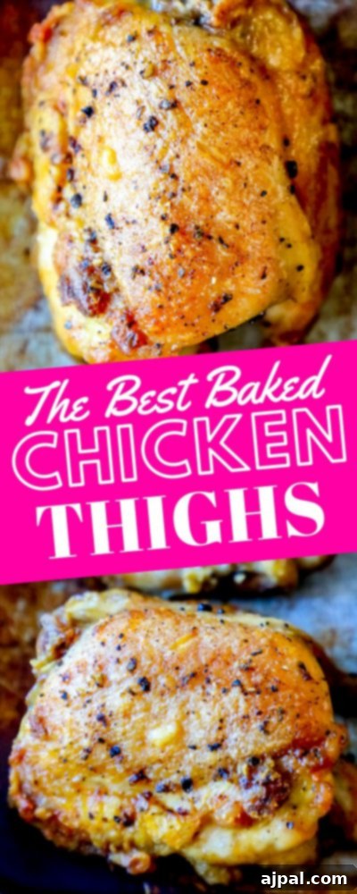Two pictures of baked chicken thighs, one a full view and the other a close-up, illustrating the golden crispiness