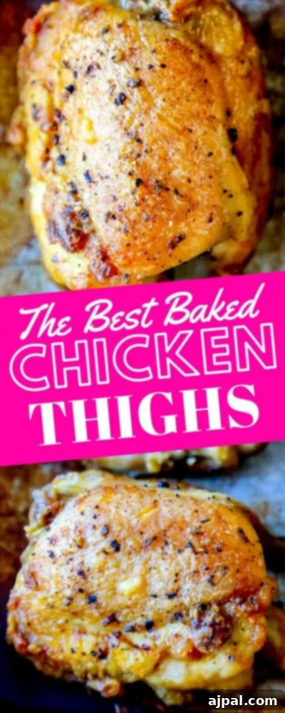 Two pictures of baked chicken thighs, showing the crispy skin and juicy interior, highlighting the ultimate oven-baked chicken thigh recipe.