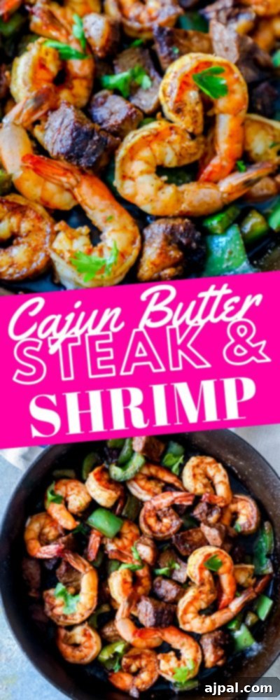 A beautifully plated dish of Cajun Butter Steak and Shrimp.