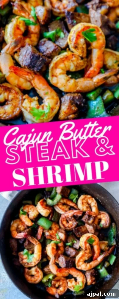 Decadent Cajun Butter Steak and Shrimp 8 Cajun steak and shrimp skillet recipe, showing a vertical view of the dish.