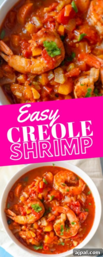 Weeknight One-Pot Creole Shrimp 7 A tall, narrow image showing a bowl of vibrant Creole shrimp stew with fresh parsley garnish, emphasizing its delicious appeal.