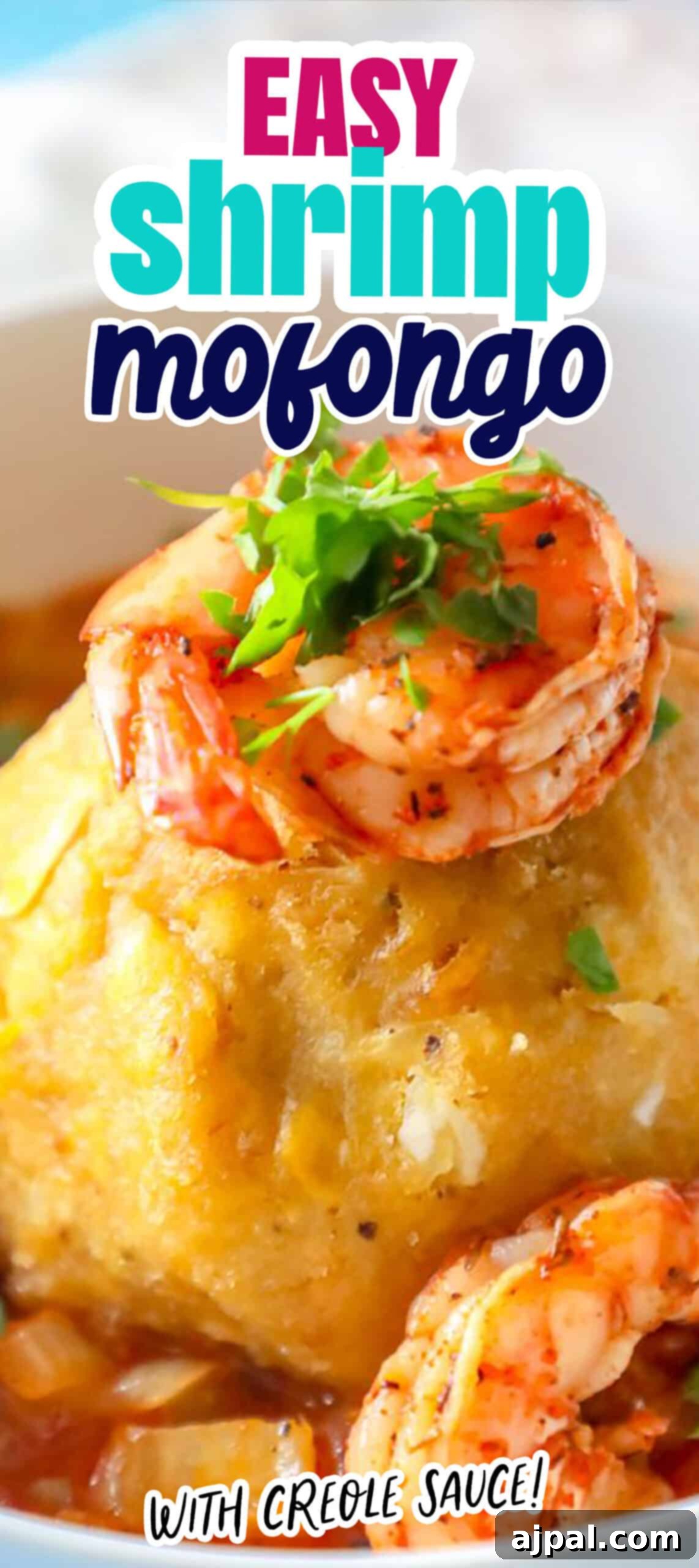 A full-frame image of a vibrant easy shrimp mofongo dish with creole sauce, showcasing the rich colors and textures of the seafood and plantain base.