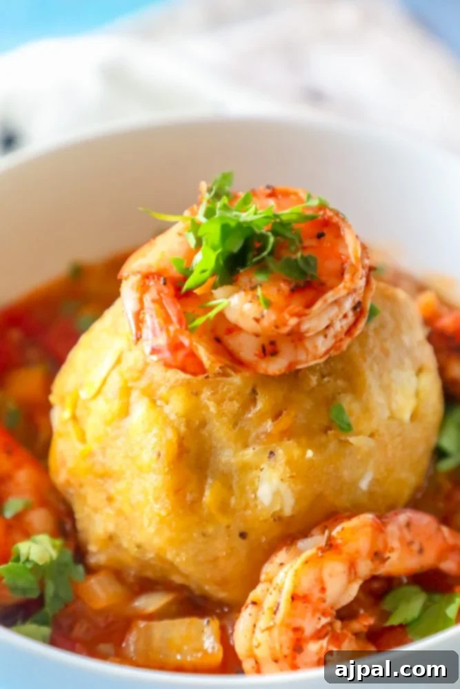 A bowl filled with a rich and flavorful Creole Shrimp and sauce, ready to be served over mofongo.