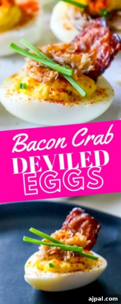 Crab and Bacon Deviled Eggs 6 A beautifully presented deviled egg, generously topped with crisp bacon and sweet crab meat, garnished with fresh chives, ready to be served as an exquisite appetizer.