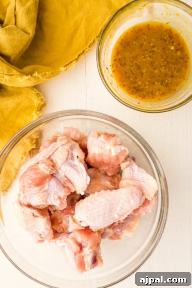 Two bowls, one filled with crispy chicken wings and the other with a rich, savory sauce, ready for dipping and enjoying.