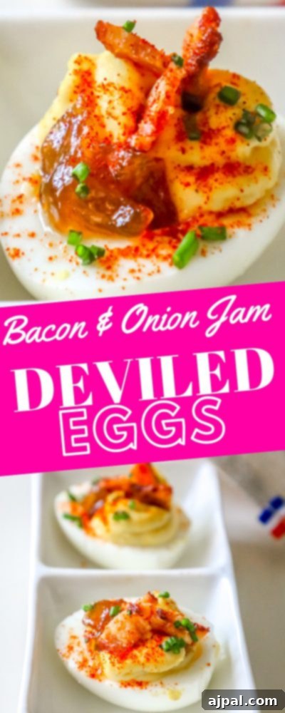 Deviled Delights with Bacon Onion Jam 6 A visually striking close-up of a Bacon and Onion Jam Deviled Egg, showcasing the creamy yolk, savory bacon, and glossy jam topping.