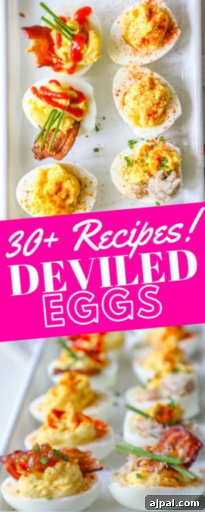 Seriously Delicious Deviled Eggs 6 A large platter displaying various styles of deviled eggs, showcasing diverse toppings and colors.