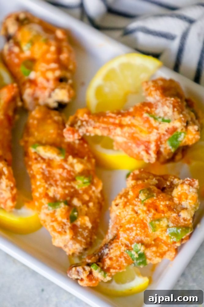 A plate of baked lemon garlic parmesan chicken wings garnished with fresh lemon wedges.
