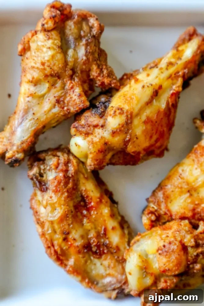 Spicy Cajun Baked Chicken Wings 3 Baked chicken wings covered in a spicy dry rub on a white plate, ready to be enjoyed.
