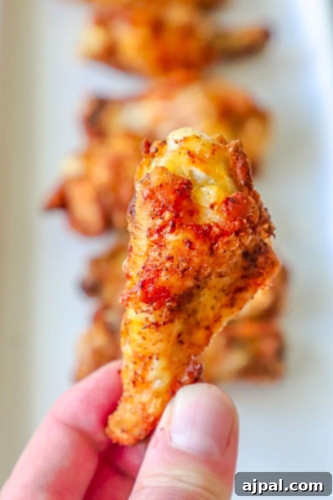 Spicy Cajun Baked Chicken Wings 4 A hand holding a perfectly seasoned chicken wing with a spicy dry Cajun rub.