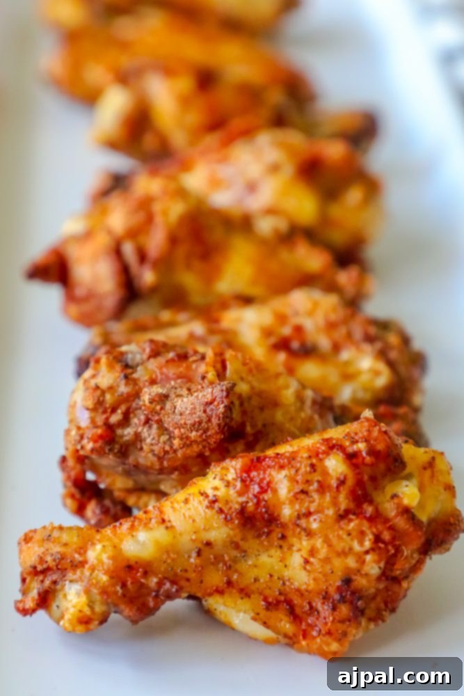 Spicy Cajun Baked Chicken Wings 6 Cajun rubbed baked chicken wings arranged on a white plate, ready to be served.