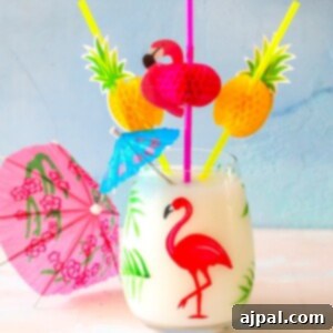 A Pina Colada with flamingos and pineapples, evoking a refreshing tropical drink.